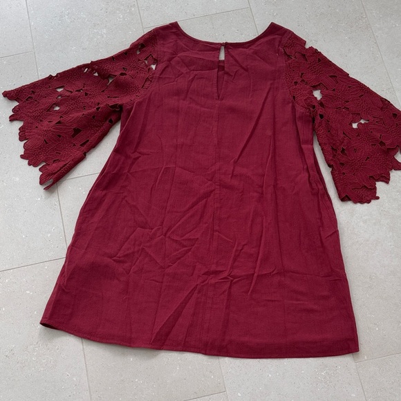 Umgee Red Mini Dress with Floral Lace Sleeves - Picture 3 of 4